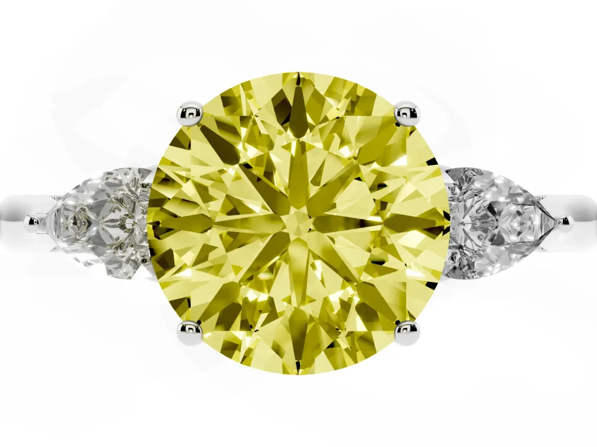 Fancy Yellow Round Cut Diamond Three-Stone Ring with Pear Side Stones and Prong Setting Silver