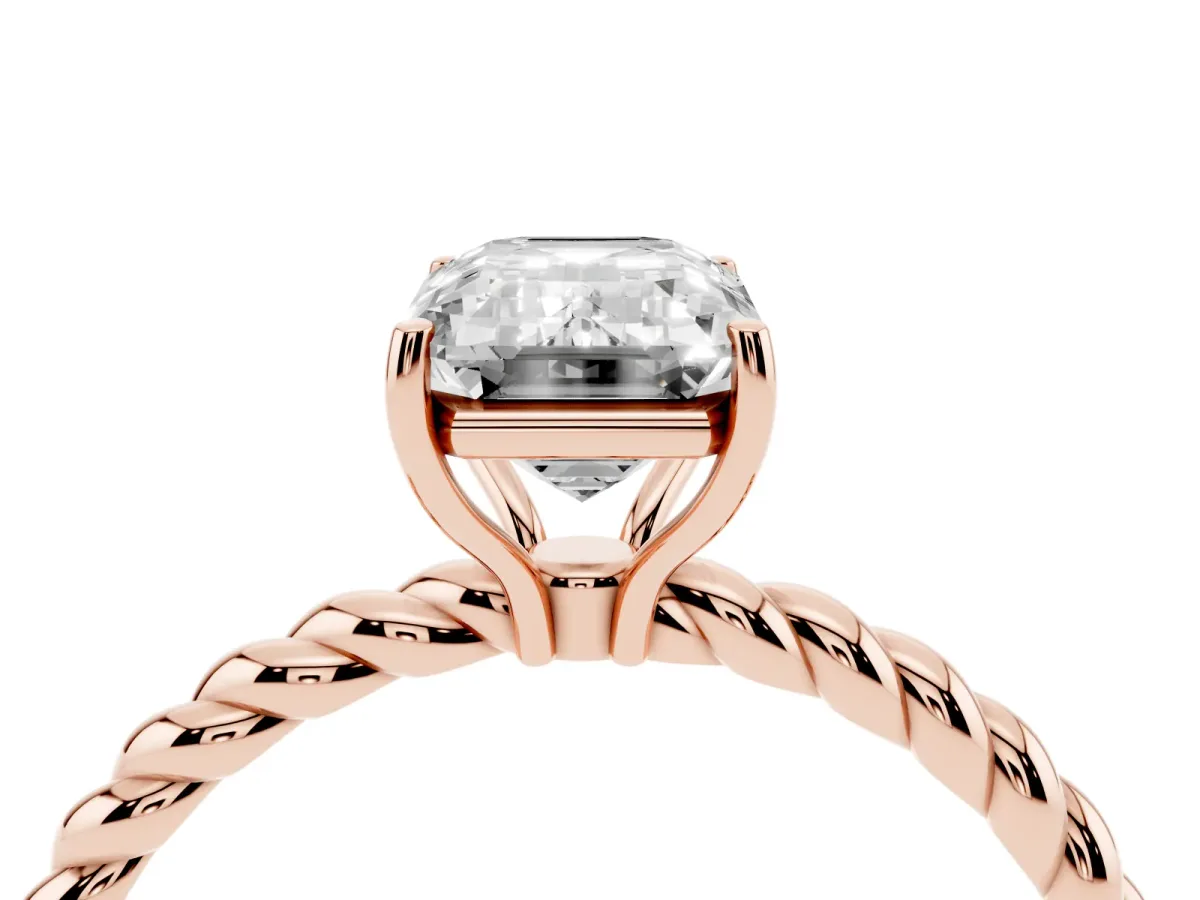 Emerald Cut Solitaire Twist Band Ring with Four-Prong Setting Rose gold