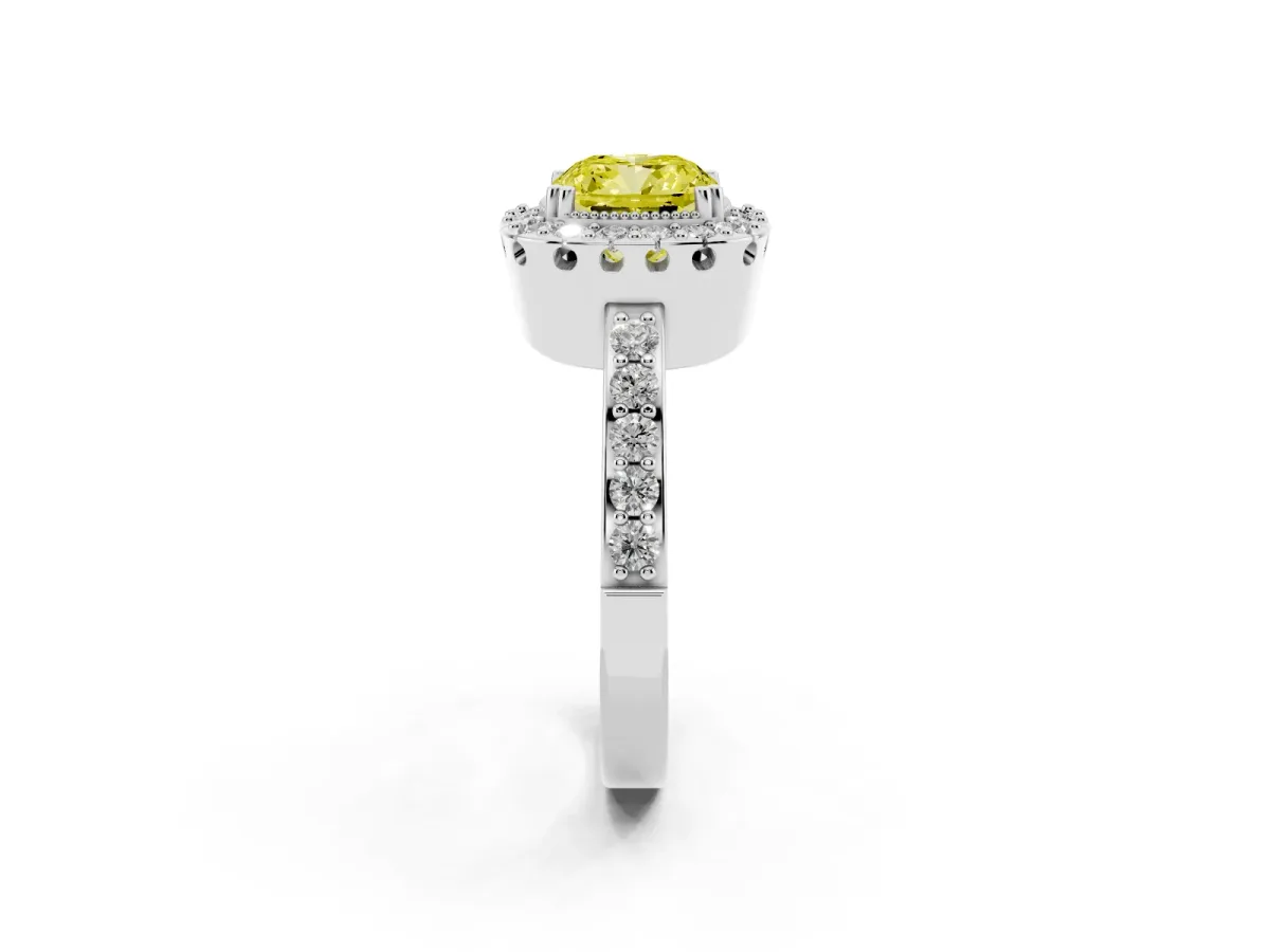 Fancy Yellow Cushion Cut Diamond Halo Ring with Pavé Band and Prong Setting Silver