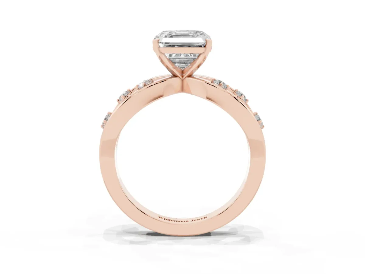 Asscher Cut Cut Solitaire Diamond with Side Stones on Criss-Cross Band and Four-Prong Setting Rose gold