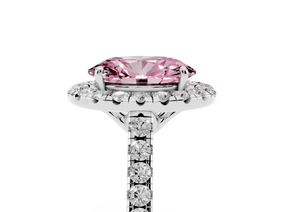 Fancy Pink Oval Cut Halo Pavé Diamond Engagement Ring with Four-Prong Setting Silver