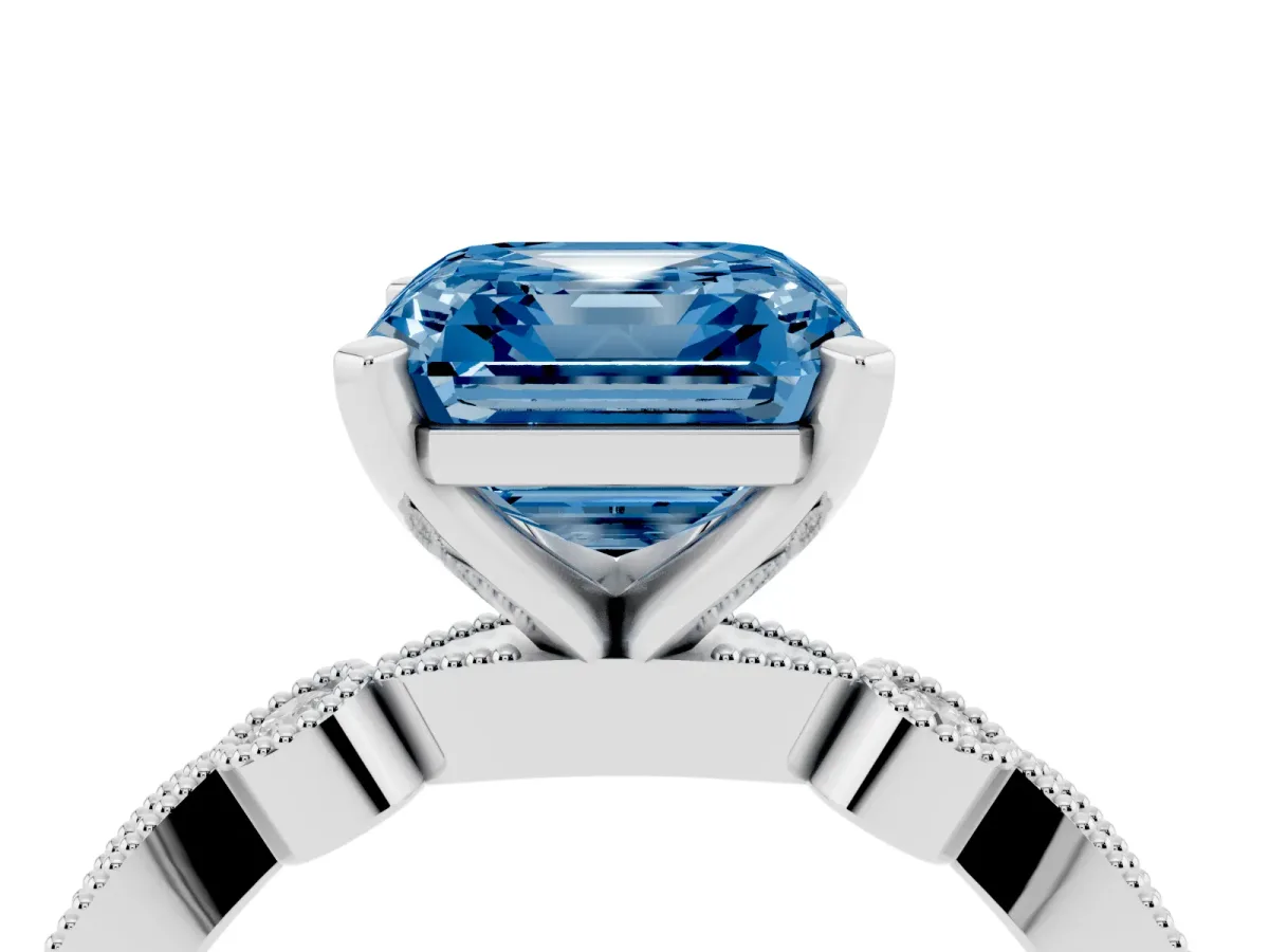 Fancy Blue Asscher Cut Milgrain Bezel Diamond Engagement Ring with Solitaire Prong Setting Silver