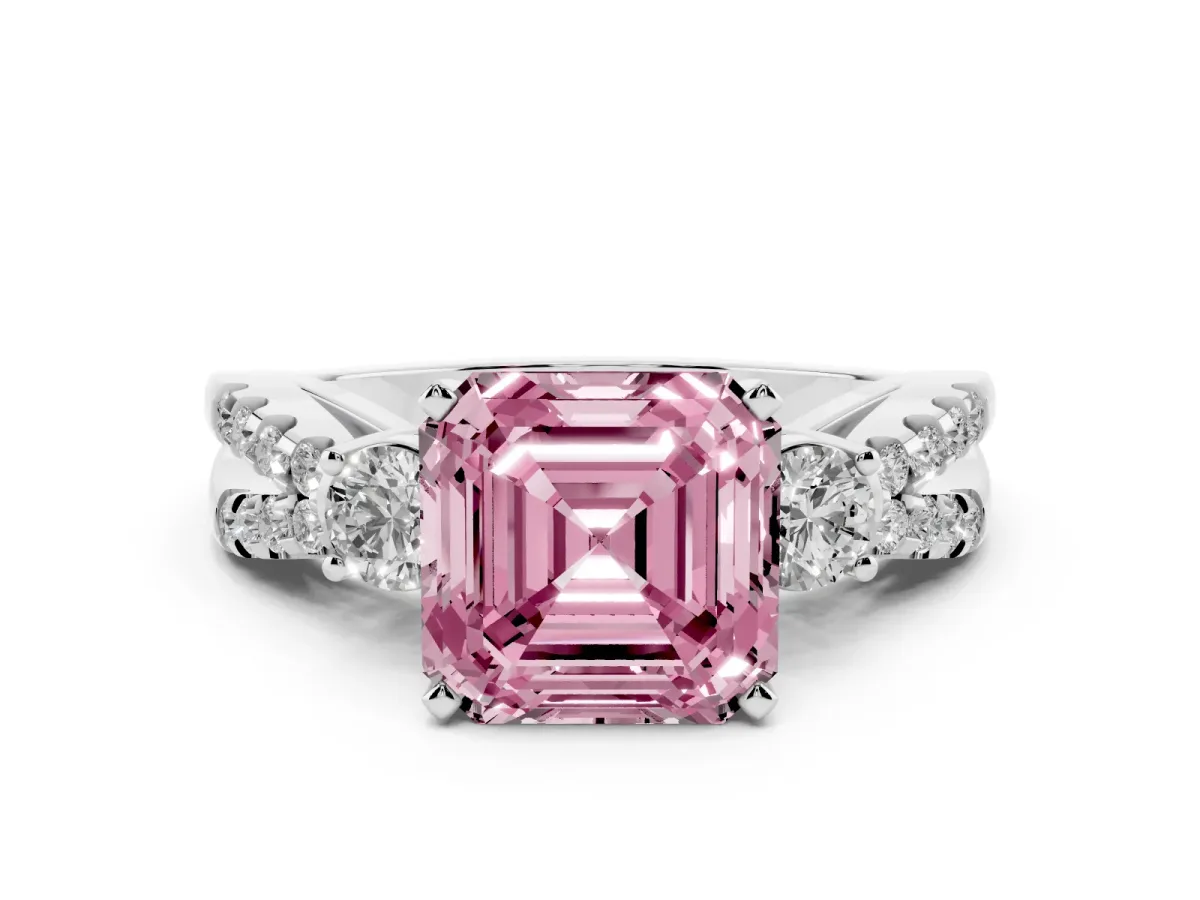 Fancy Pink Asscher Cut Diamond Three-Stone Ring with Pavé Split Shank and Four-Prong Setting Platinum