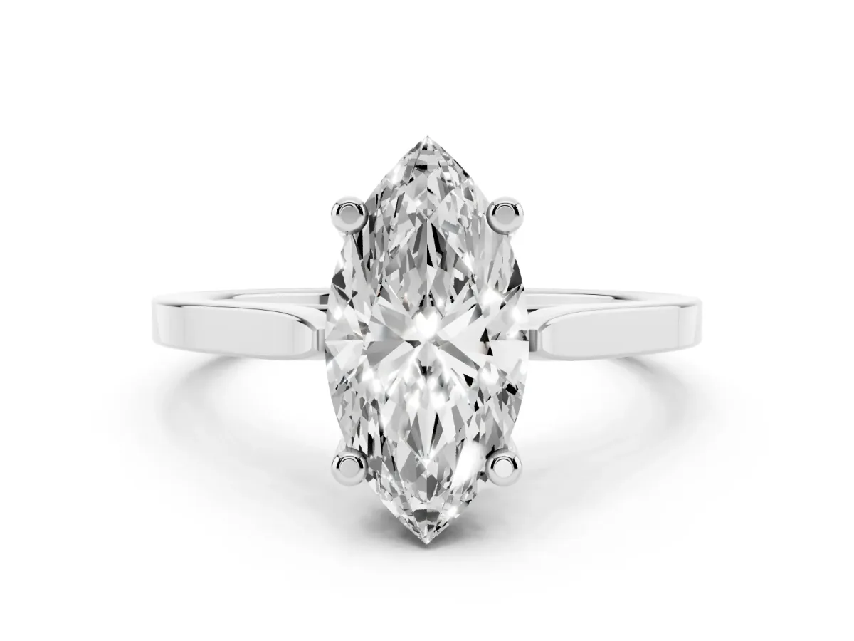 Marquise Cut Solitaire Diamond Ring with Four-Prong Setting and Tapered Band Platinum