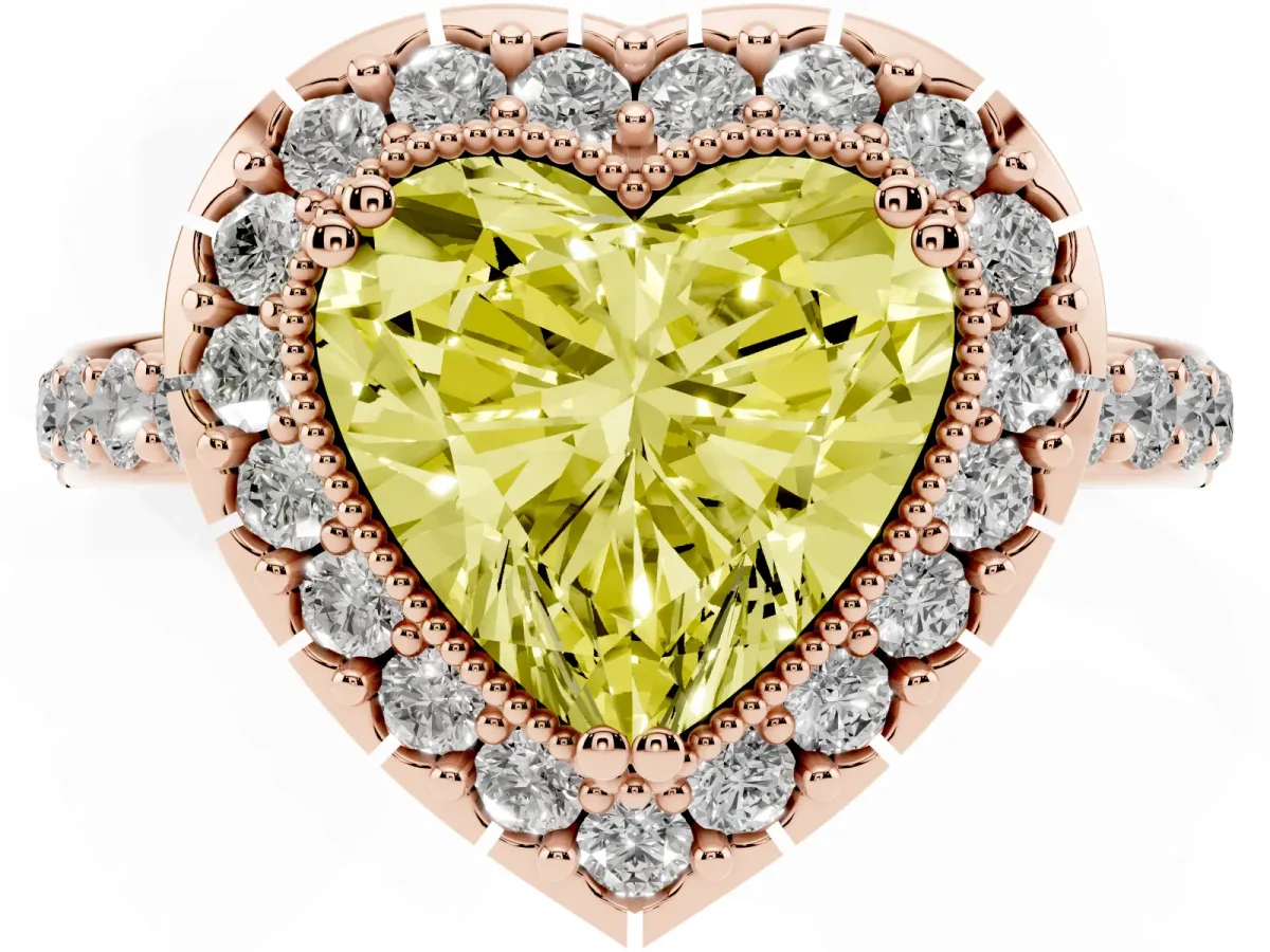 Fancy Yellow Heart Cut Diamond Halo Ring with Pavé Band and Prong Setting Rose gold