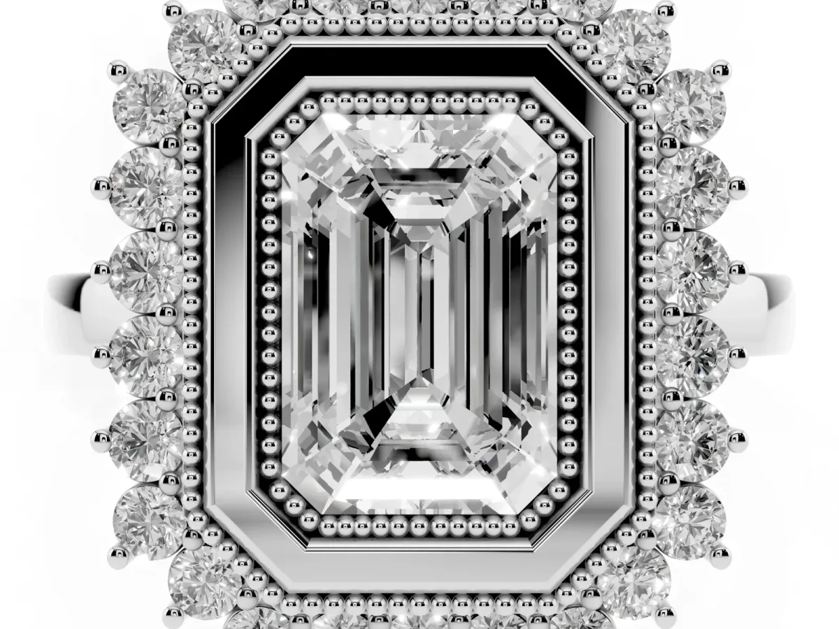 Emerald Cut Halo Diamond Ring with Milgrain Edge and Round Prong Setting Silver