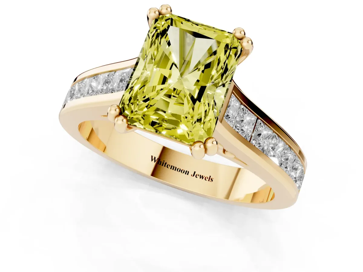 Fancy Yellow Radiant Cut Cut Channel Set Solitaire Engagement Ring with Prong Setting Yellow gold