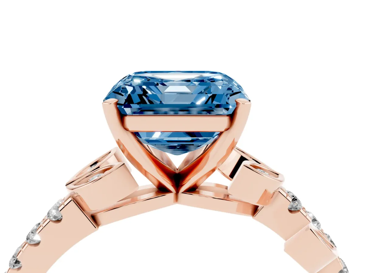 Fancy Blue Asscher Cut Solitaire Leaf-Inspired Diamond Ring with Pavé Band and Four-Prong Setting Rose gold