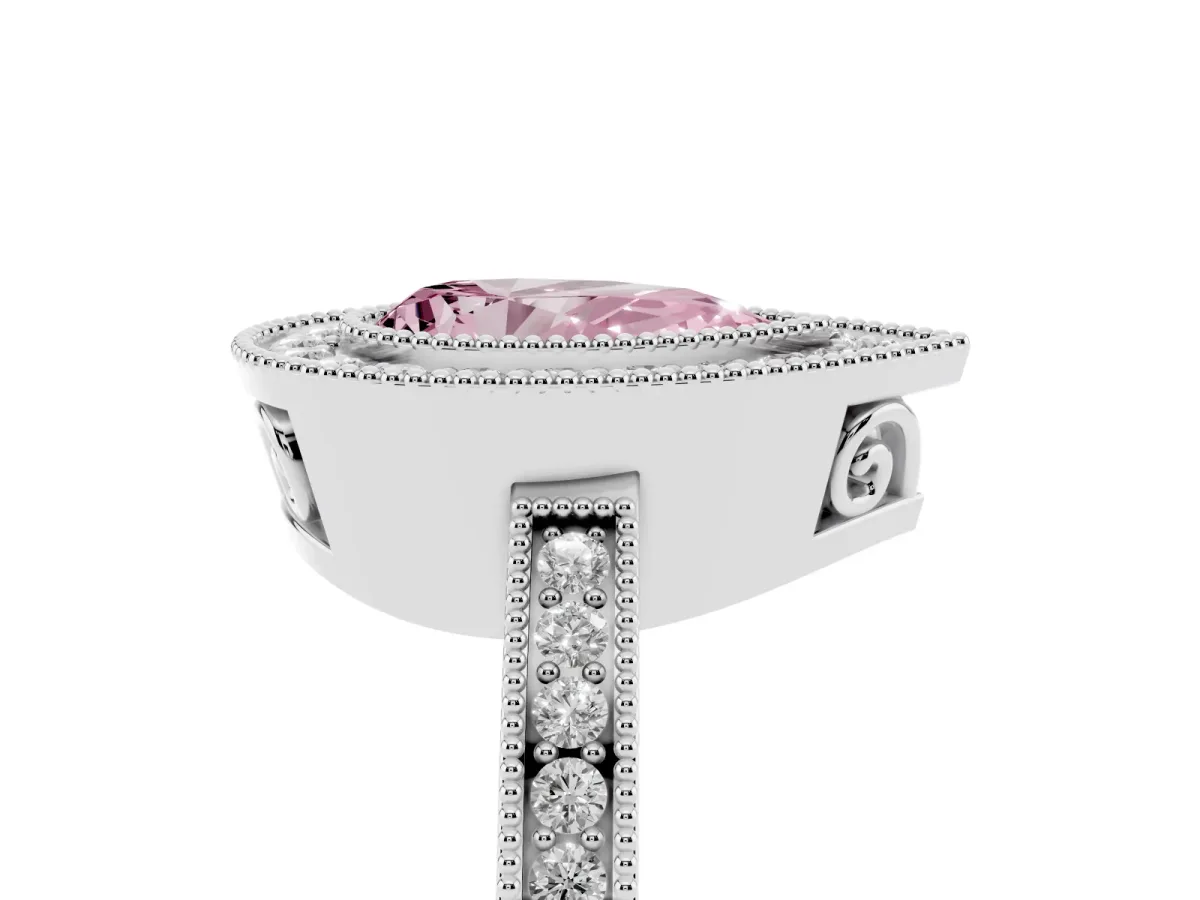 Fancy Pink Pear Cut Cut Halo Diamond Ring with Pavé Band and Milgrain Prong Setting Platinum