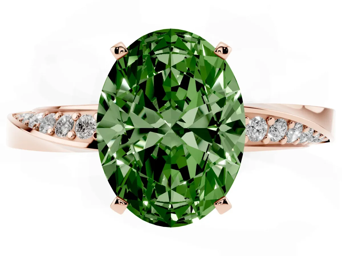 Fancy Green Oval Cut Diamond Engagement Ring with Side Stone Accents and Four-Prong Setting Rose gold