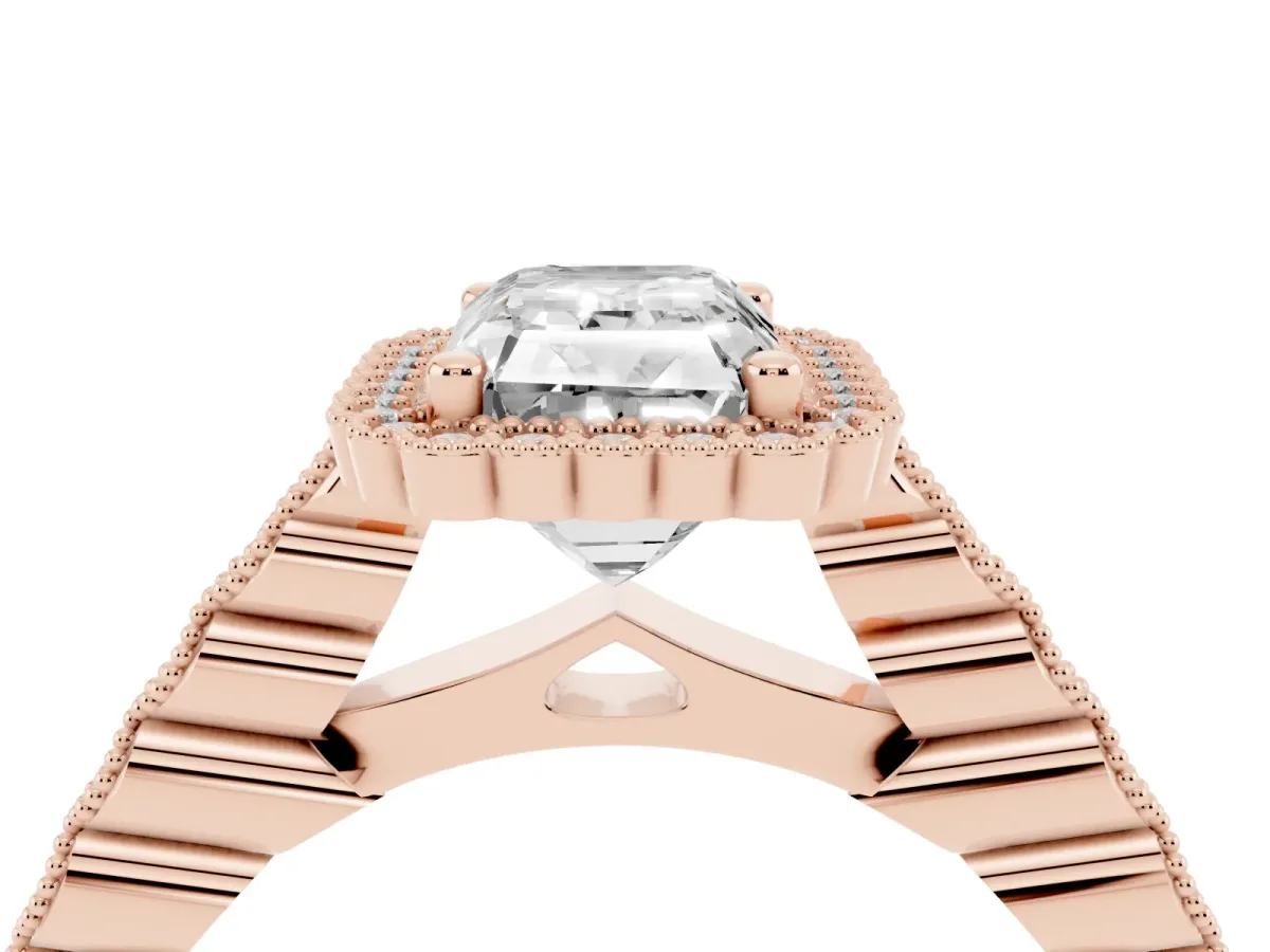 Radiant Cut Cut Halo Pavé Solitaire Ring with Milgrain Band Rose gold