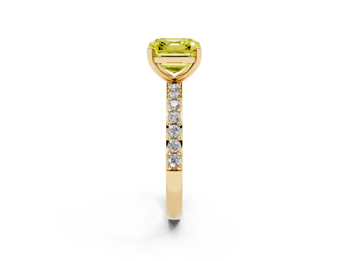 Fancy Yellow Asscher Cut Cut Diamond Solitaire with Pave Band and Four-Prong Setting Yellow gold