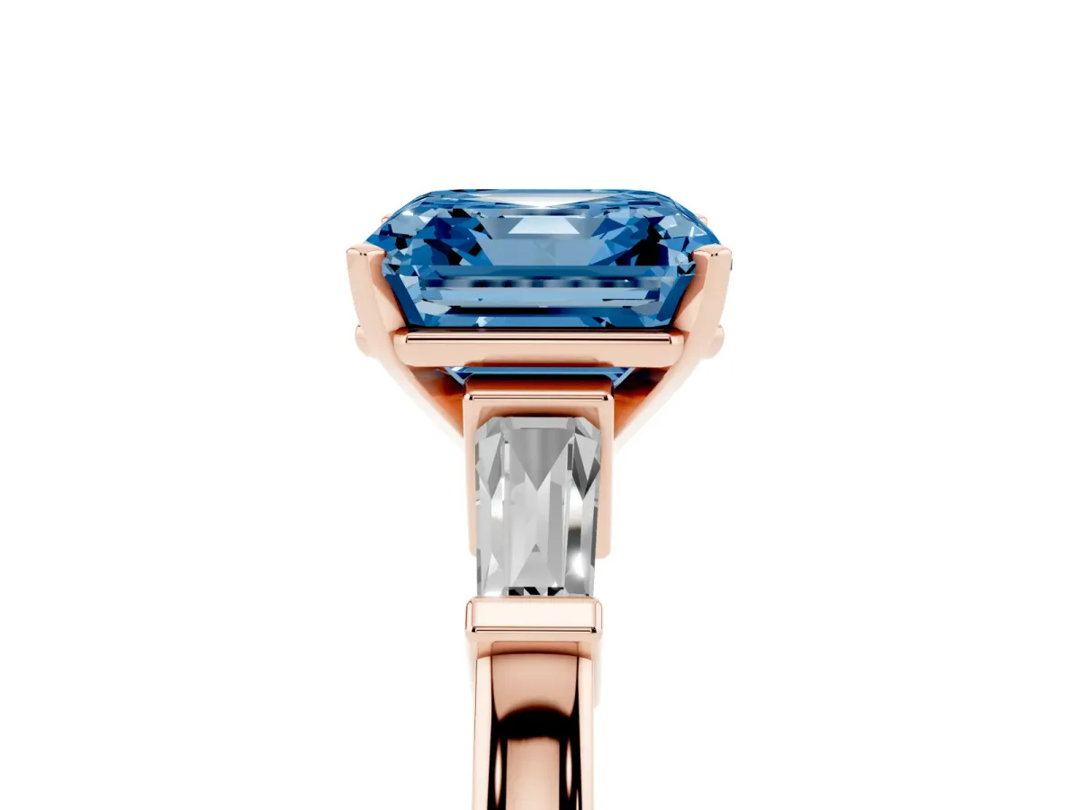 Fancy Blue Asscher Cut Cut Diamond Solitaire Ring with Tapered Baguette Accents and Four-Prong Setting Rose gold