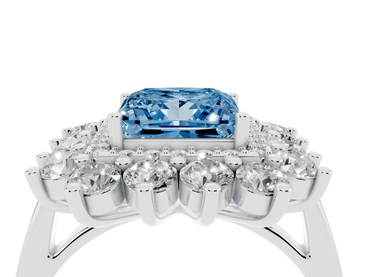 Fancy Blue Princess Cut Diamond Floral Double Halo Engagement Ring with Prong Setting Silver