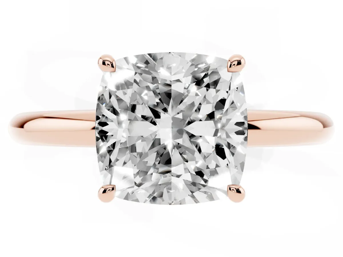 Cushion Cut Diamond Solitaire Ring with Thin Band and Four-Prong Setting Rose gold