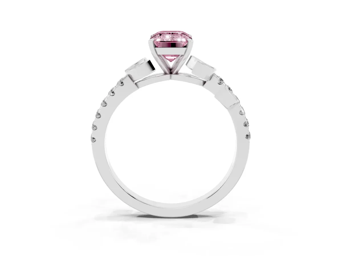Fancy Pink Emerald Cut Solitaire Leaf-Inspired Diamond Ring with Pavé Band and Four-Prong Setting Silver