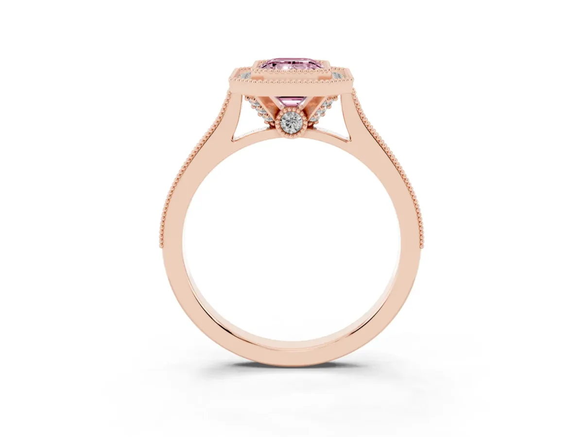 Fancy Pink Halo Emerald Cut-Cut Diamond Pave Band Milgrain Prong Setting Ring Rose gold