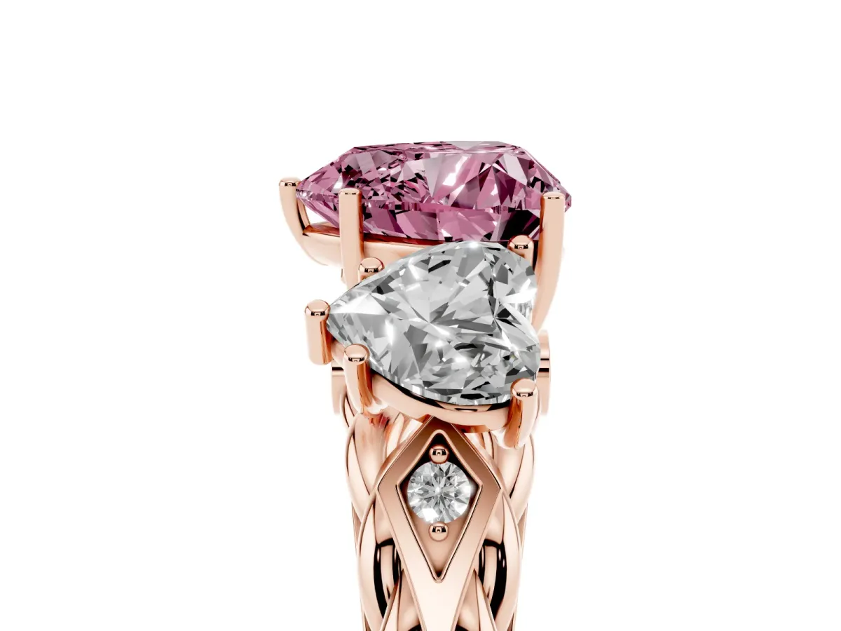 Fancy Pink Three-Stone Heart Cut Diamond Braided Band Ring with Four-Prong Setting Rose gold