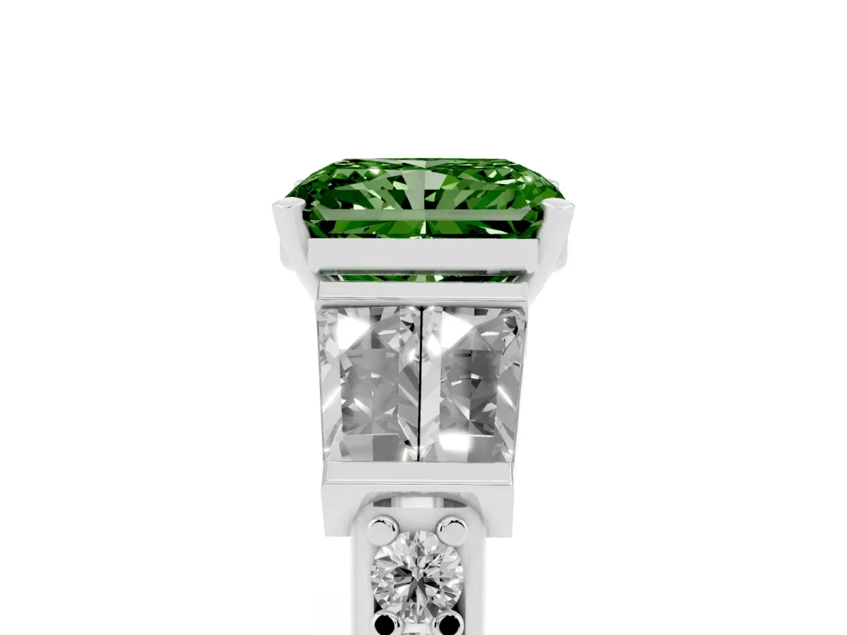 Fancy Green Radiant Cut Diamond Engagement Ring with Baguette Side Stones and Channel Set Band Silver