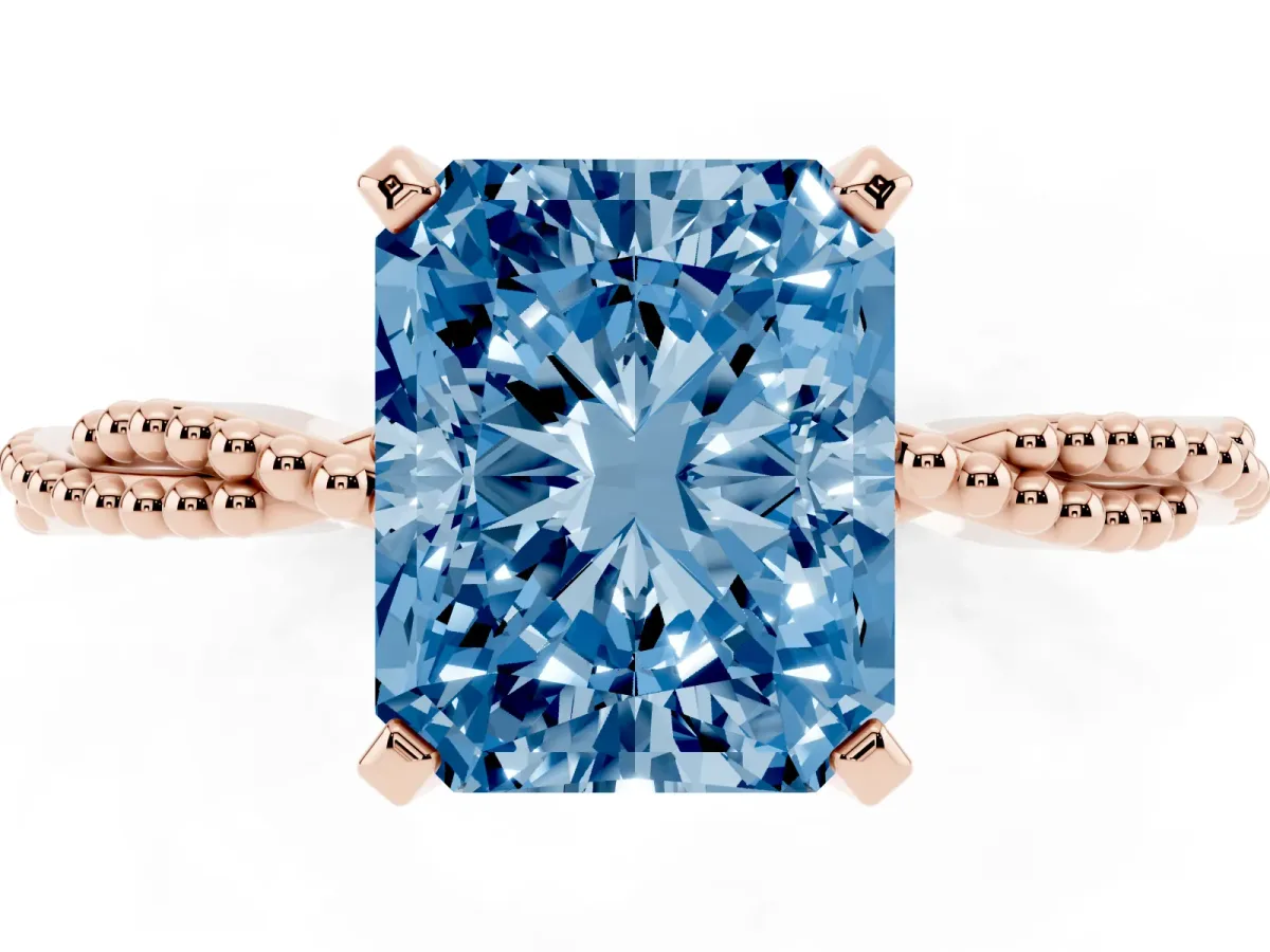 Fancy Blue Radiant Cut Solitaire Twisted Band with Bead Prong Setting Rose gold
