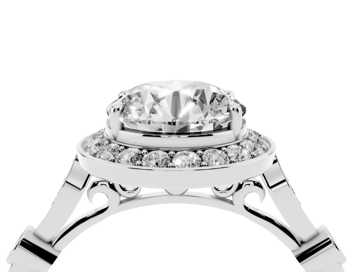 Round Cut Halo Diamond Engagement Ring with Twisted Band and Four-Prong Setting White gold