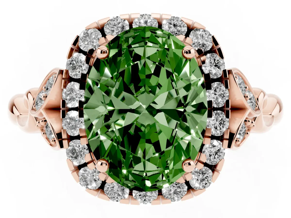 Fancy Green Oval Cut Halo Diamond Engagement Ring with Vintage-Inspired Band and Four-Prong Setting Rose gold