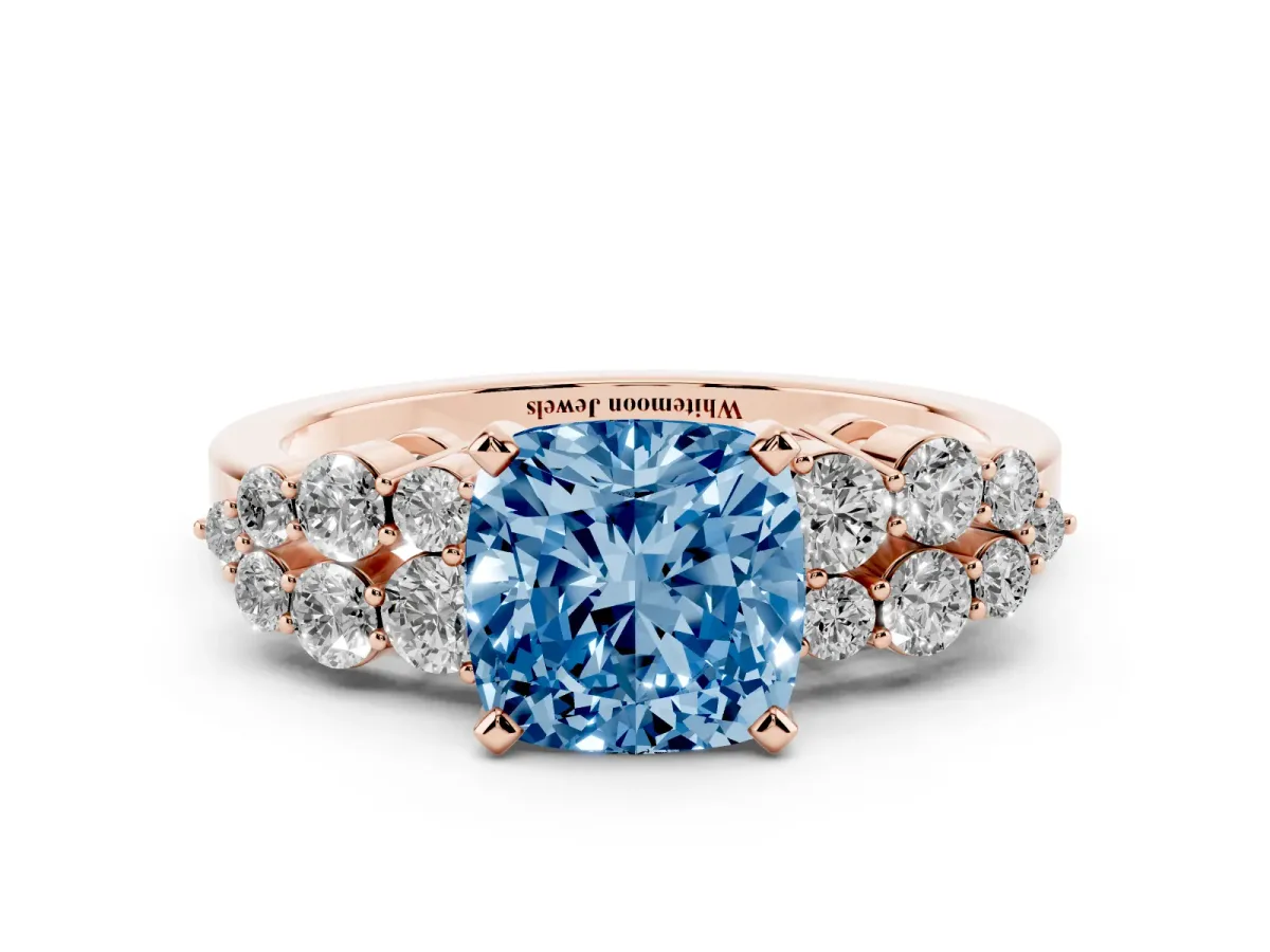 Fancy Blue Cushion Cut Cluster Diamond Engagement Ring with Pavé Band and Four-Prong Setting Rose gold