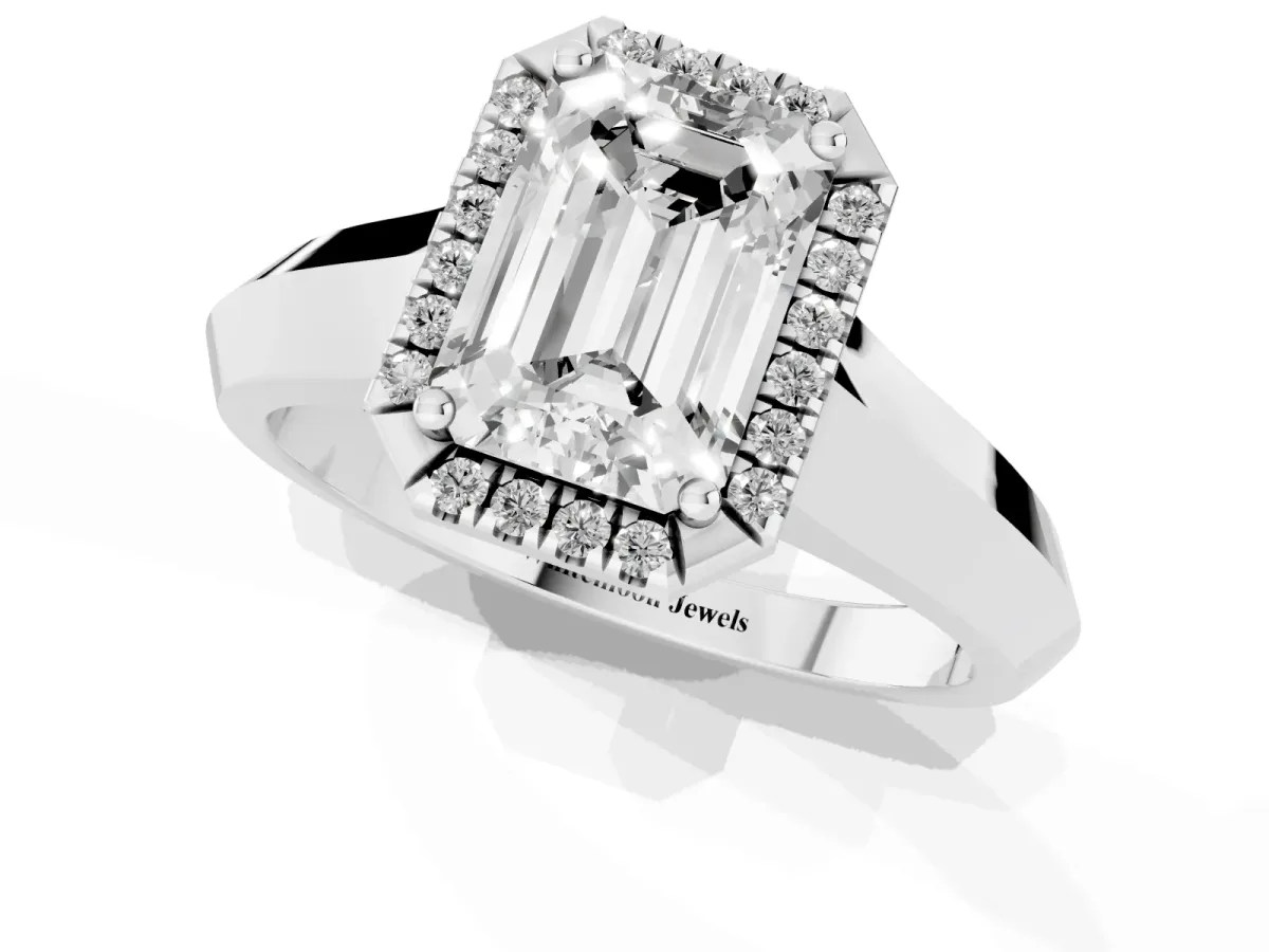 Emerald Cut Halo Diamond Ring with Cathedral Band and Four-Prong Setting White gold