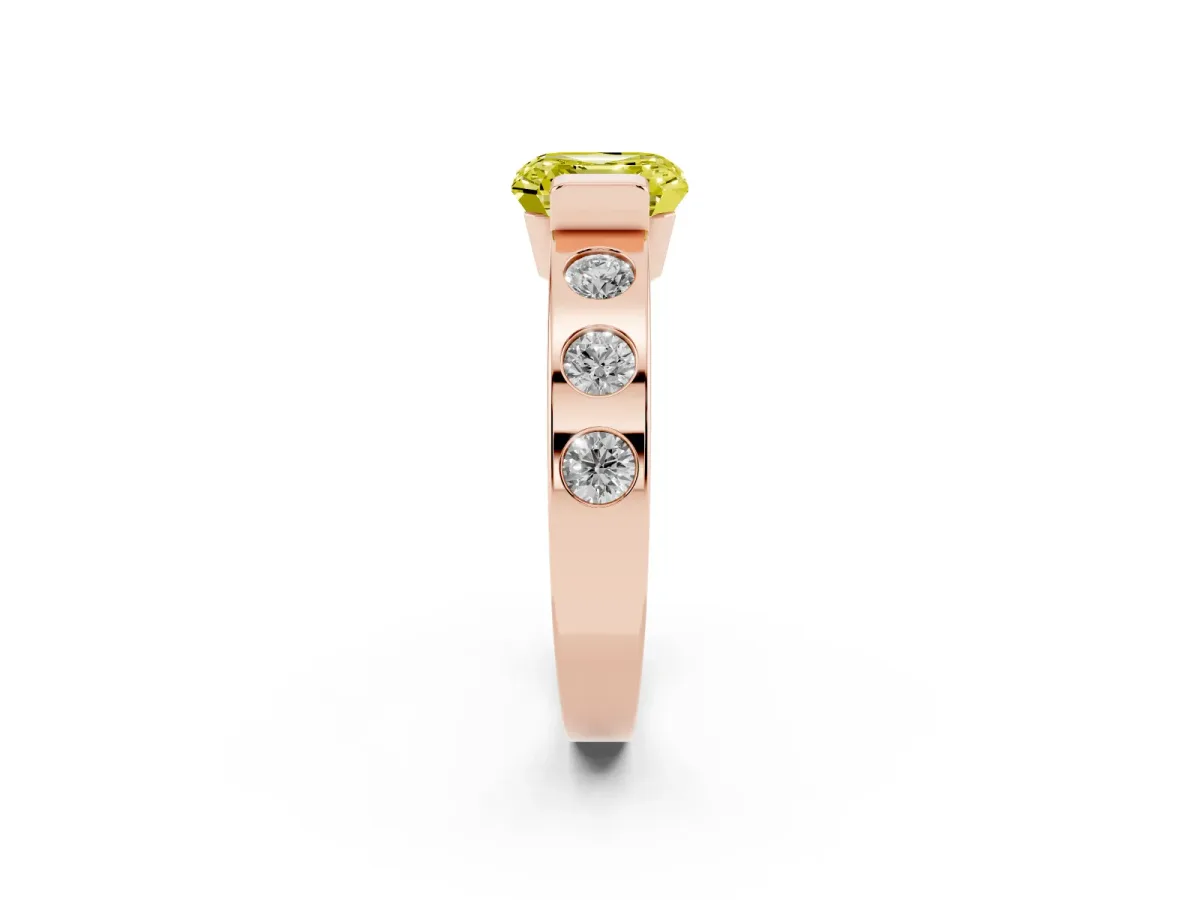 Fancy Yellow Asscher Cut Brilliant Channel-Set Diamond Ring with Bezel Prong Setting Rose gold