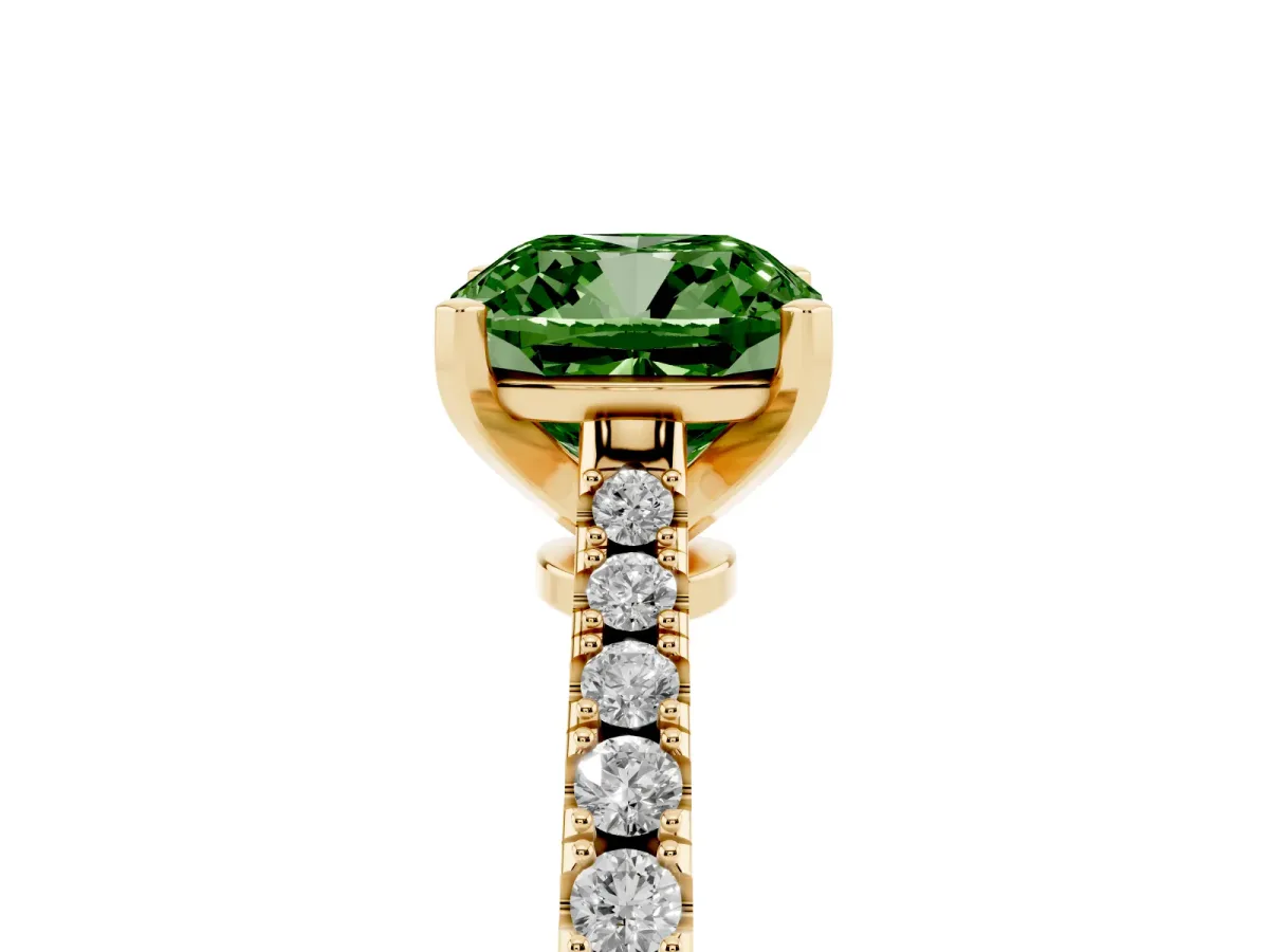 Fancy Green Cushion Cut Cut Solitaire Diamond Engagement Ring with Pave Band and Four-Prong Setting Yellow gold