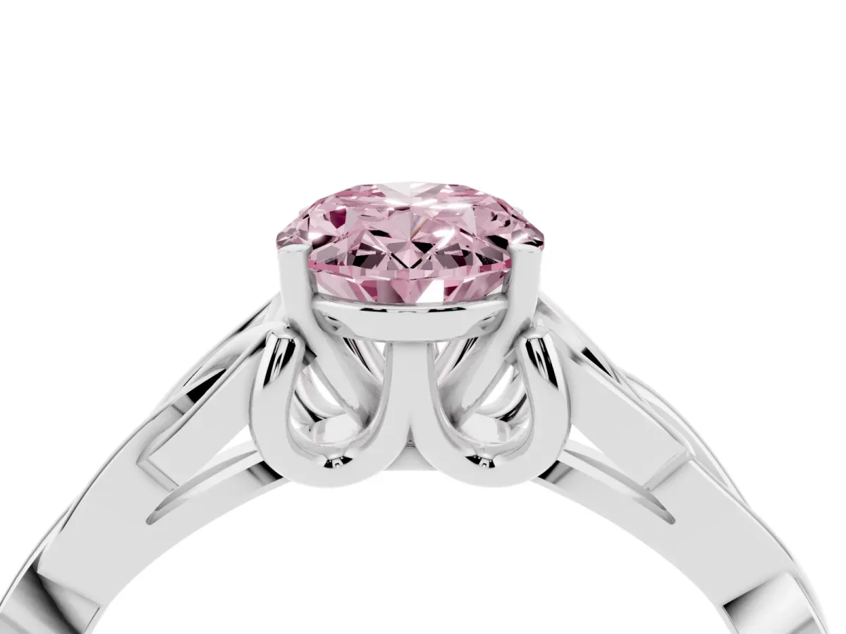 Fancy Pink Oval Cut Diamond Solitaire Engagement Ring with Celtic Knot Band and Four-Prong Setting White gold