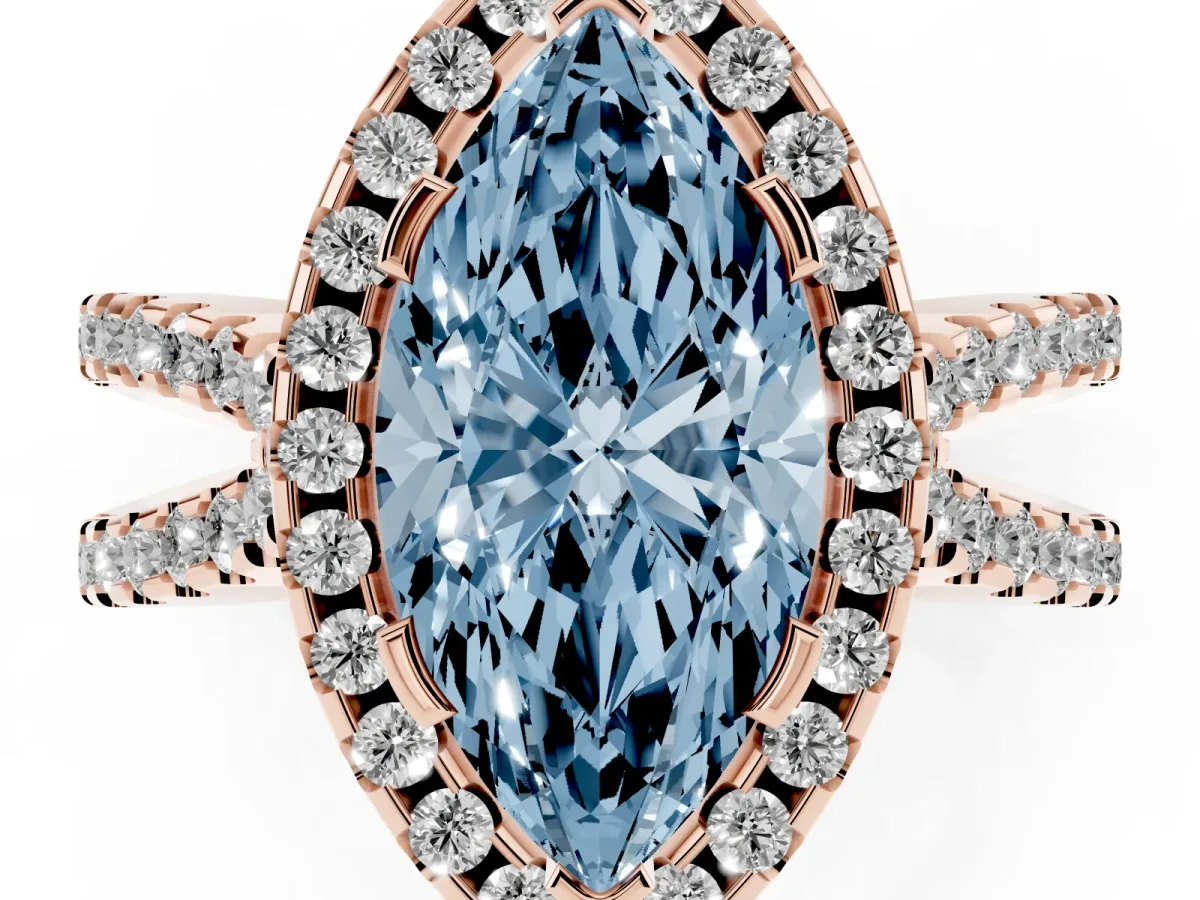 Fancy Blue Marquise Cut Diamond Halo Ring with Split Shank Pavé Band and Prong Setting Rose gold