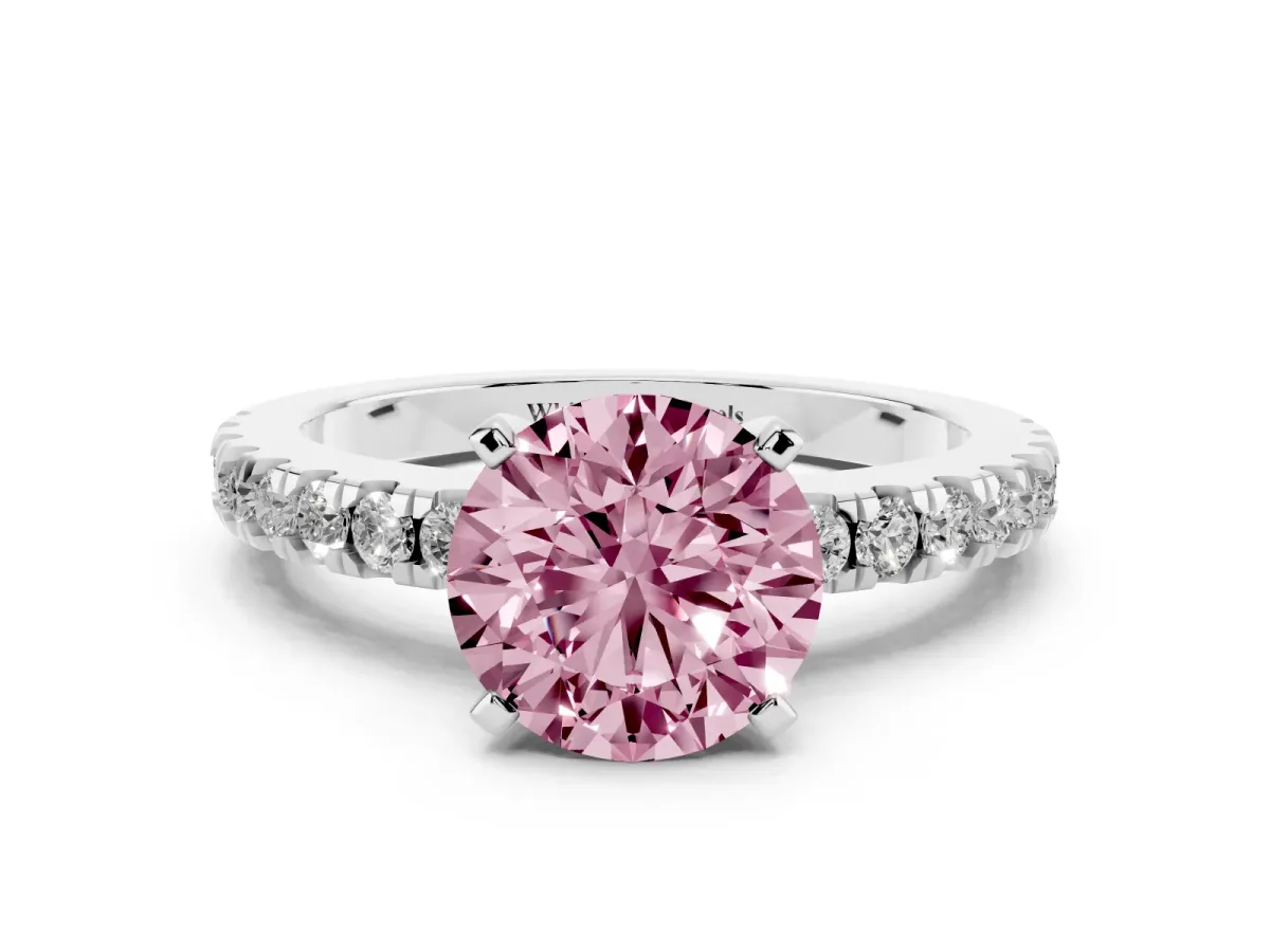 Fancy Pink Round Cut Solitaire Diamond with Pavé Band and Four-Prong Setting Silver
