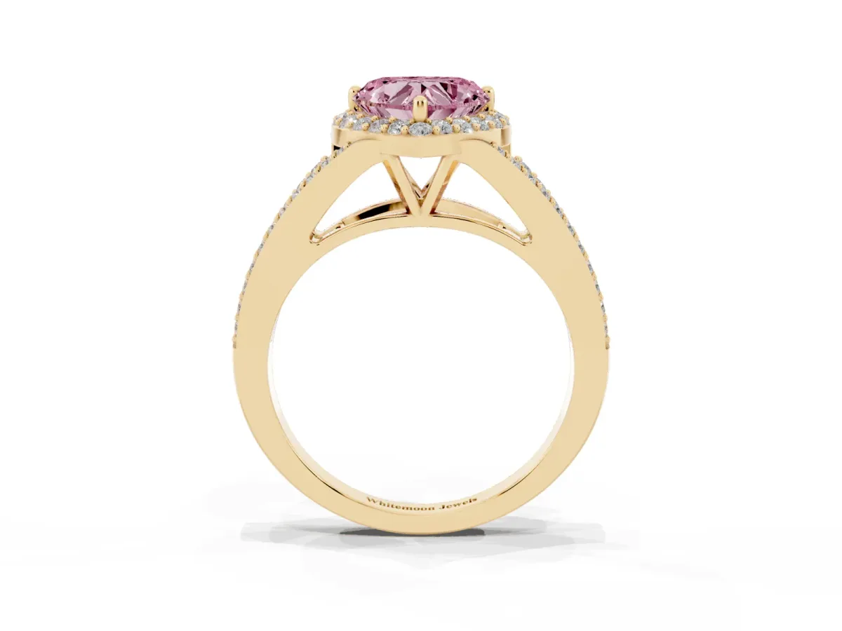 Fancy Pink Heart Cut Halo Split Shank Diamond Ring with Prong Setting Yellow gold