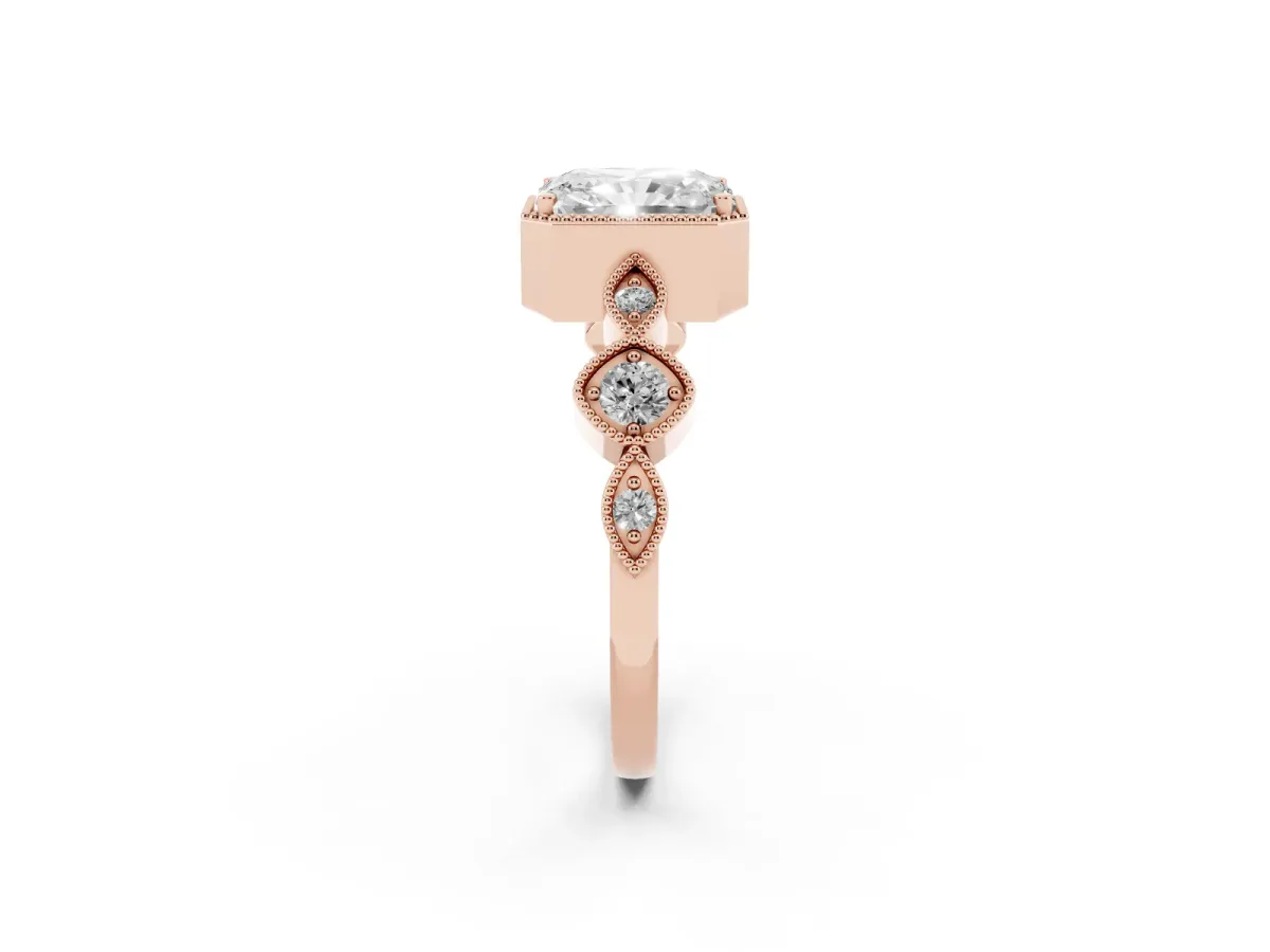 Radiant Cut Diamond Vintage Milgrain Ring with Round Stations Rose gold