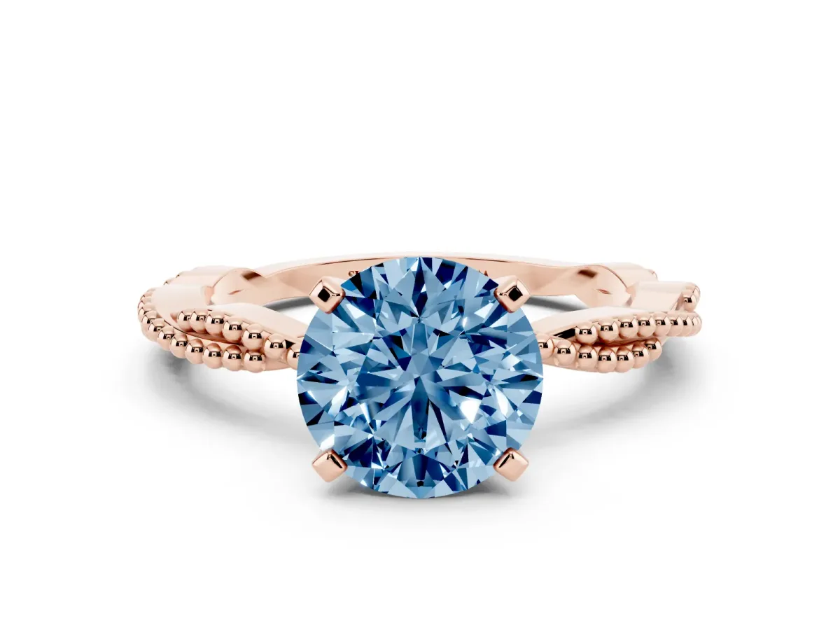 Fancy Blue Round Cut Solitaire Twisted Band with Bead Prong Setting Rose gold