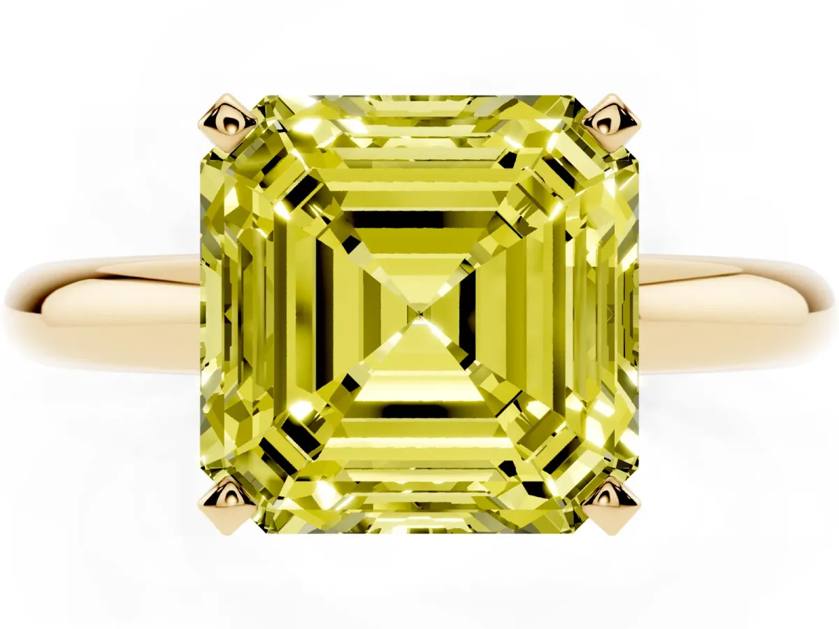 Fancy Yellow Asscher Cut Diamond Solitaire Engagement Ring with Round Band and Four-Prong Setting Yellow gold