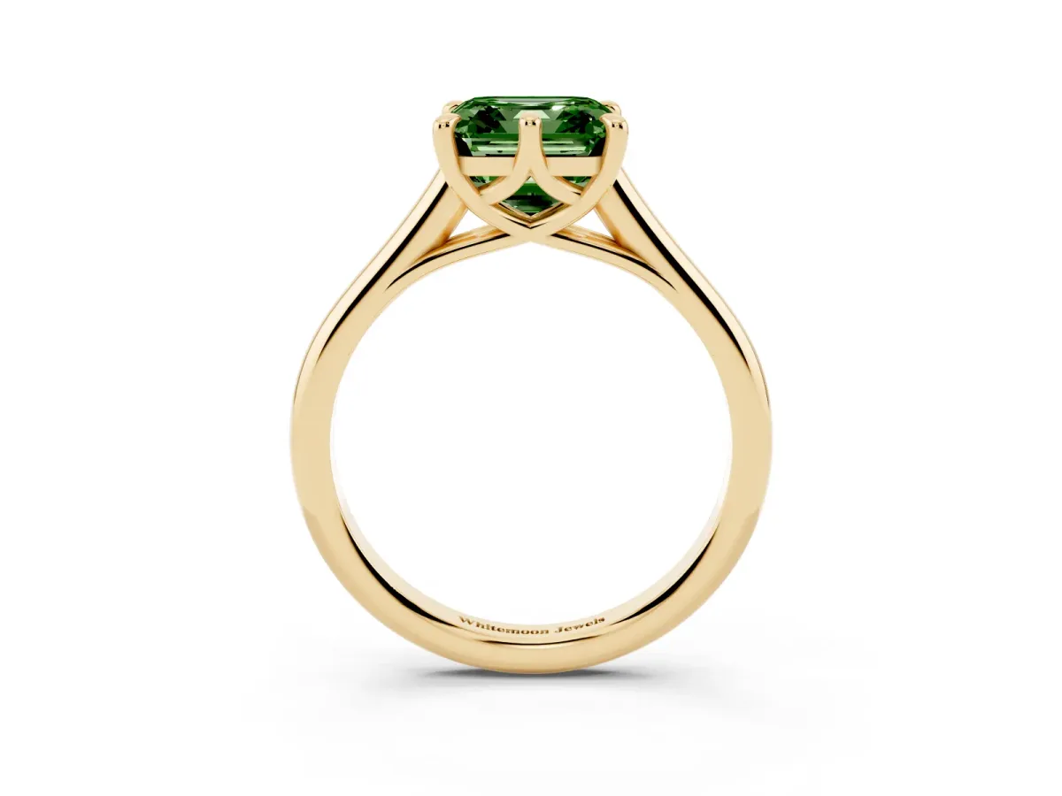 Fancy Green Asscher Cut Solitaire Engagement Ring with Six-Prong Setting and Classic Band Yellow gold