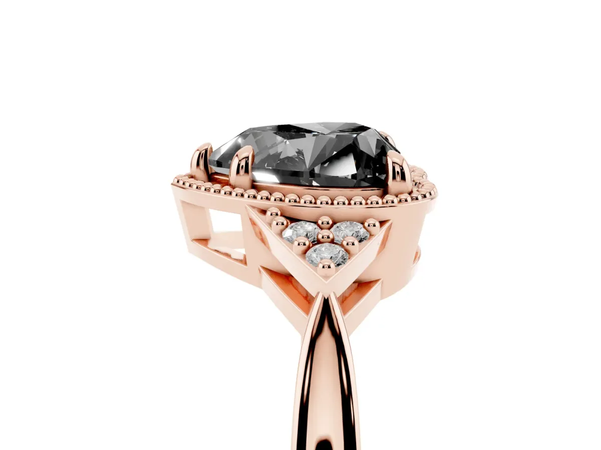 Fancy Black Hexagonal Halo Heart Cut Diamond Solitaire with Pavé Band and Four-Prong Setting Rose gold