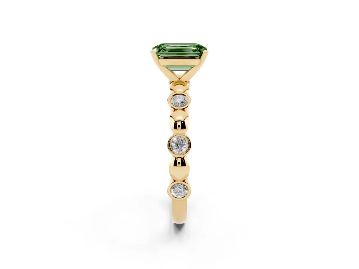 Fancy Green Emerald Cut Solitaire Bezel-Set Diamond Ring with Beaded Band and Four-Prong Setting Yellow gold