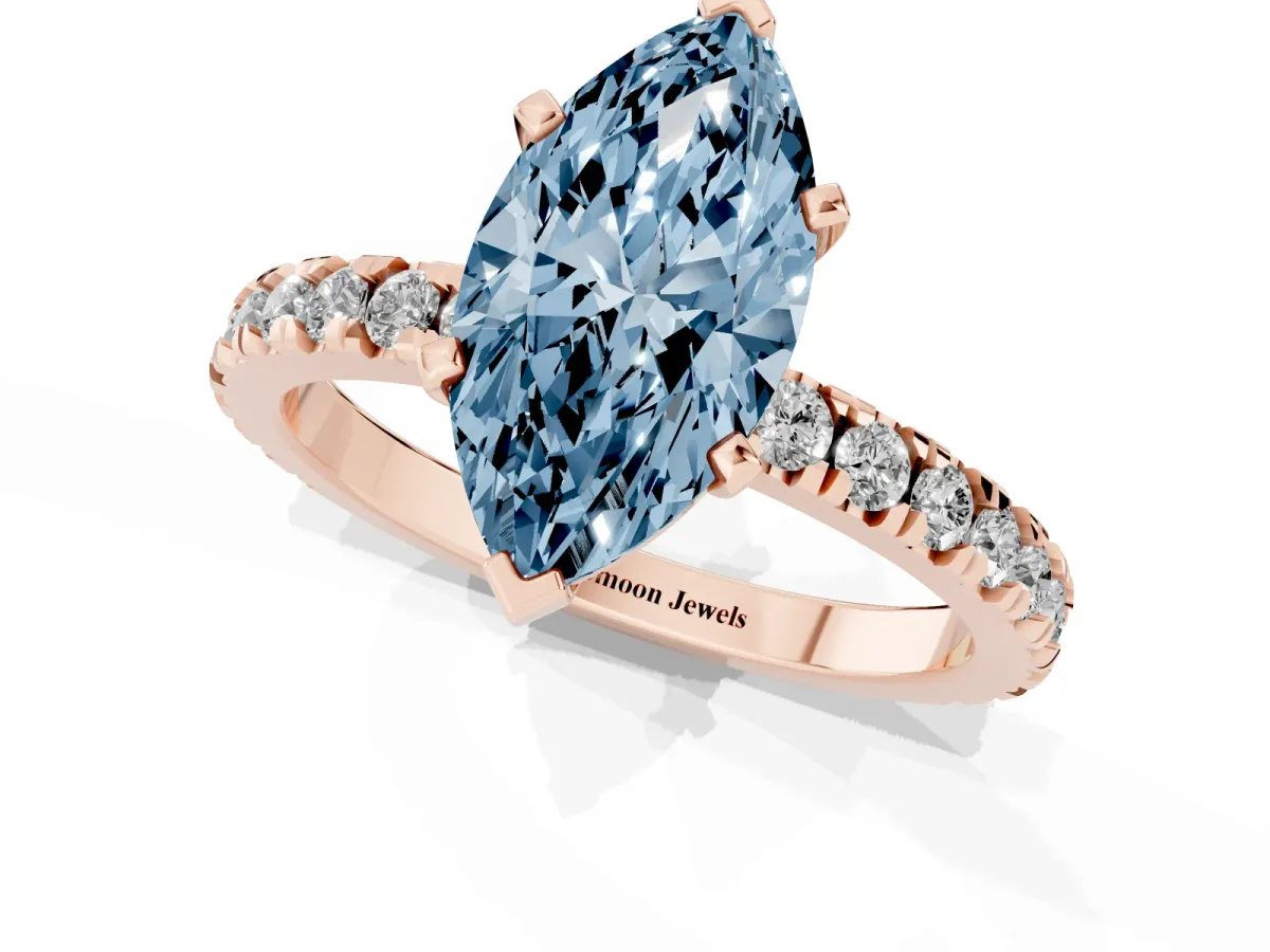 Fancy Blue Marquise Cut Diamond Pavé Band Solitaire with Four-Prong Setting Rose gold