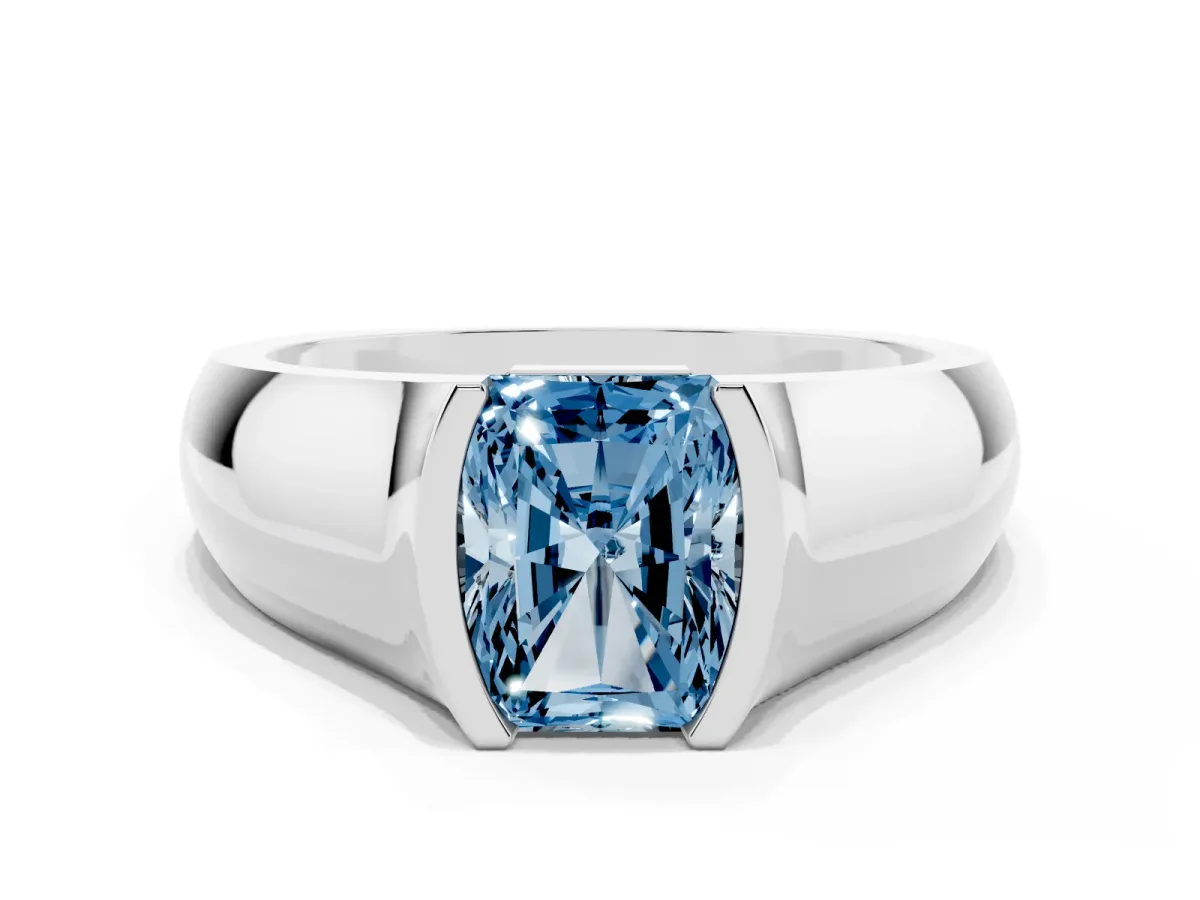 Fancy Blue Radiant Cut Solitaire Bezel Set Diamond Ring with Wide Band Platinum