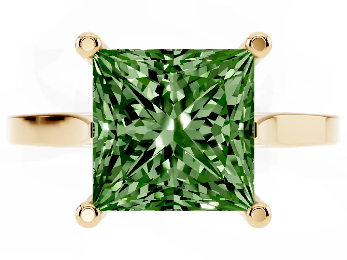 Fancy Green Princess Cut Solitaire Diamond Ring with Four-Prong Setting and Tapered Band Yellow gold