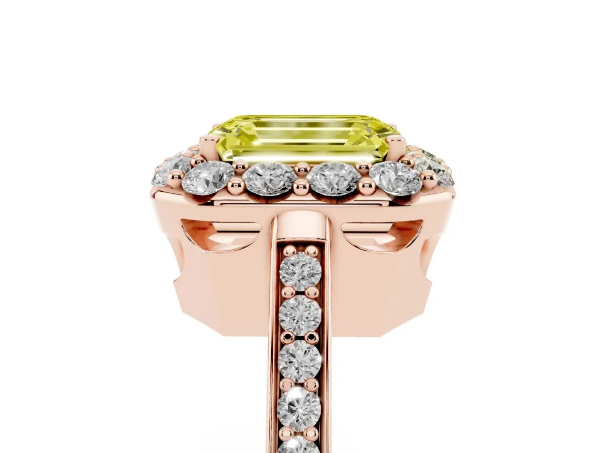 Fancy Yellow Emerald Cut Diamond Floral Halo Ring with Pavé Band and Prong Setting Rose gold