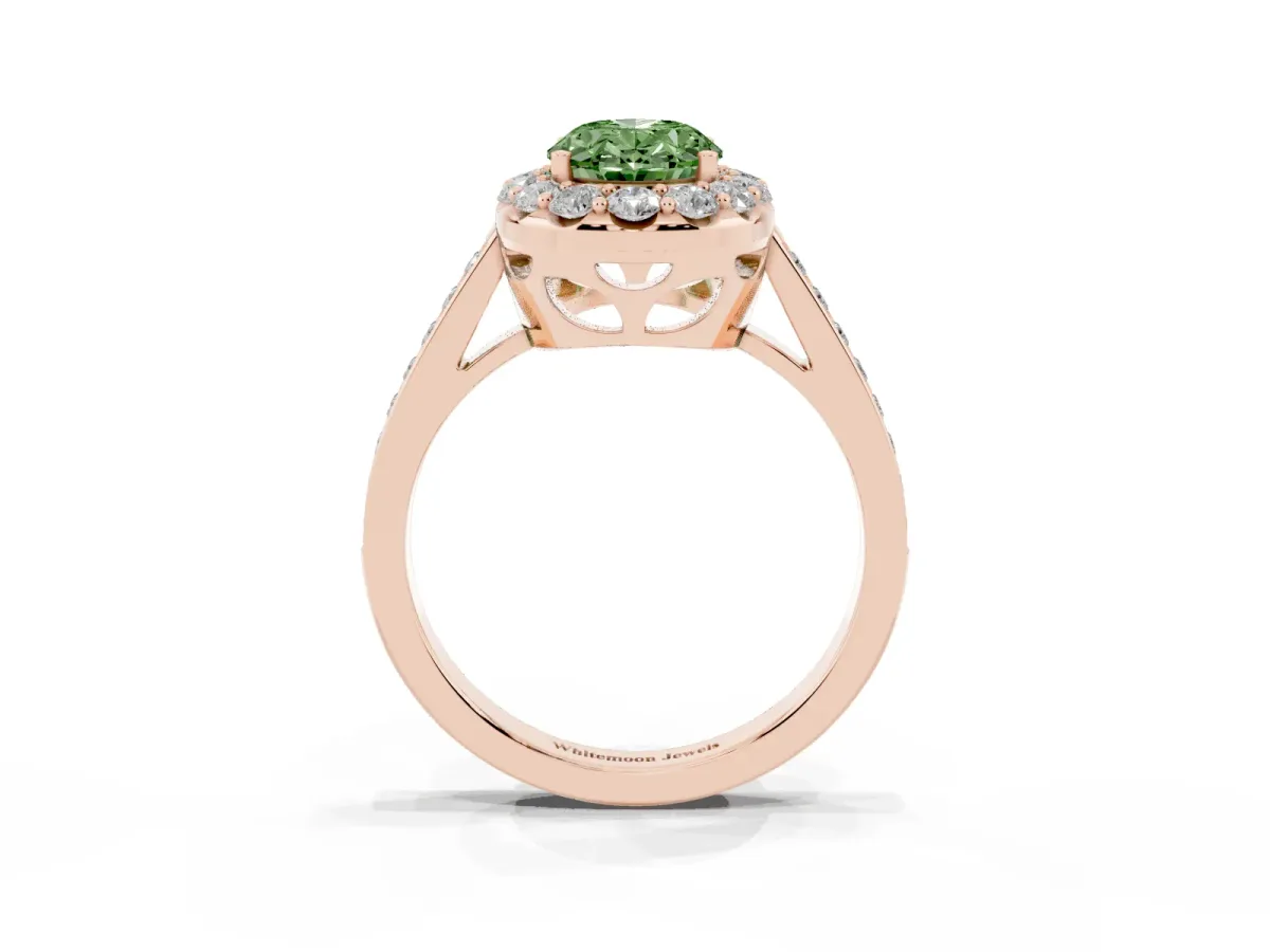 Fancy Green Oval Cut Diamond Floral Halo Ring with Pavé Band and Prong Setting Rose gold