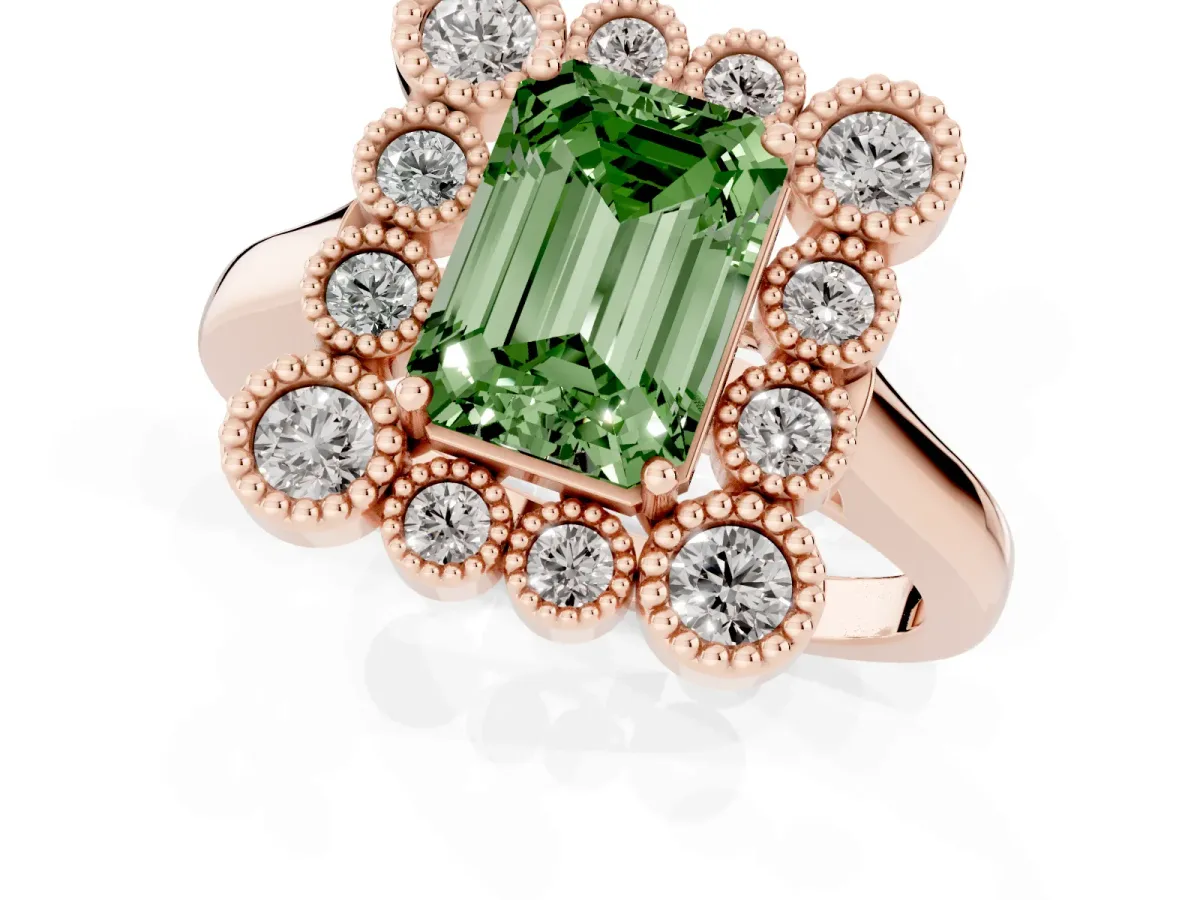 Fancy Green Emerald Cut Halo Diamond Cluster Engagement Ring with Milgrain Bezel Setting and Solitaire Band Rose gold