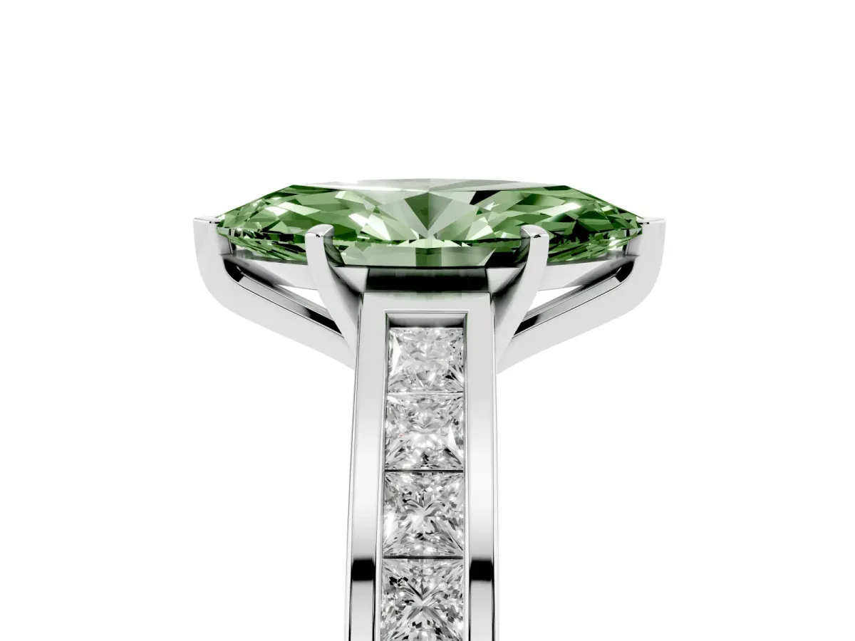 Fancy Green Marquise Cut Solitaire Diamond Ring with Channel-Set Band and Four-Prong Setting White gold