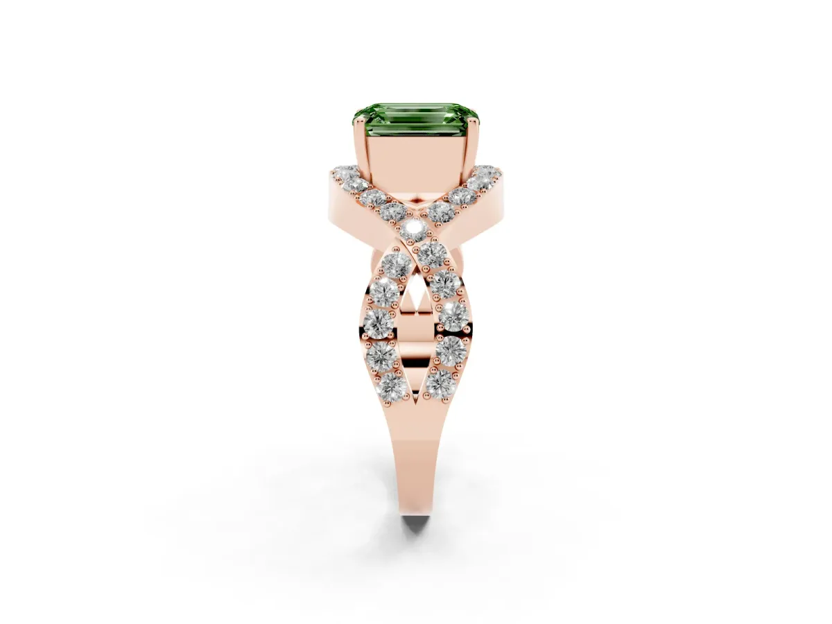 Fancy Green Emerald Cut Solitaire Twist Band Pavé Diamond Engagement Ring Rose gold