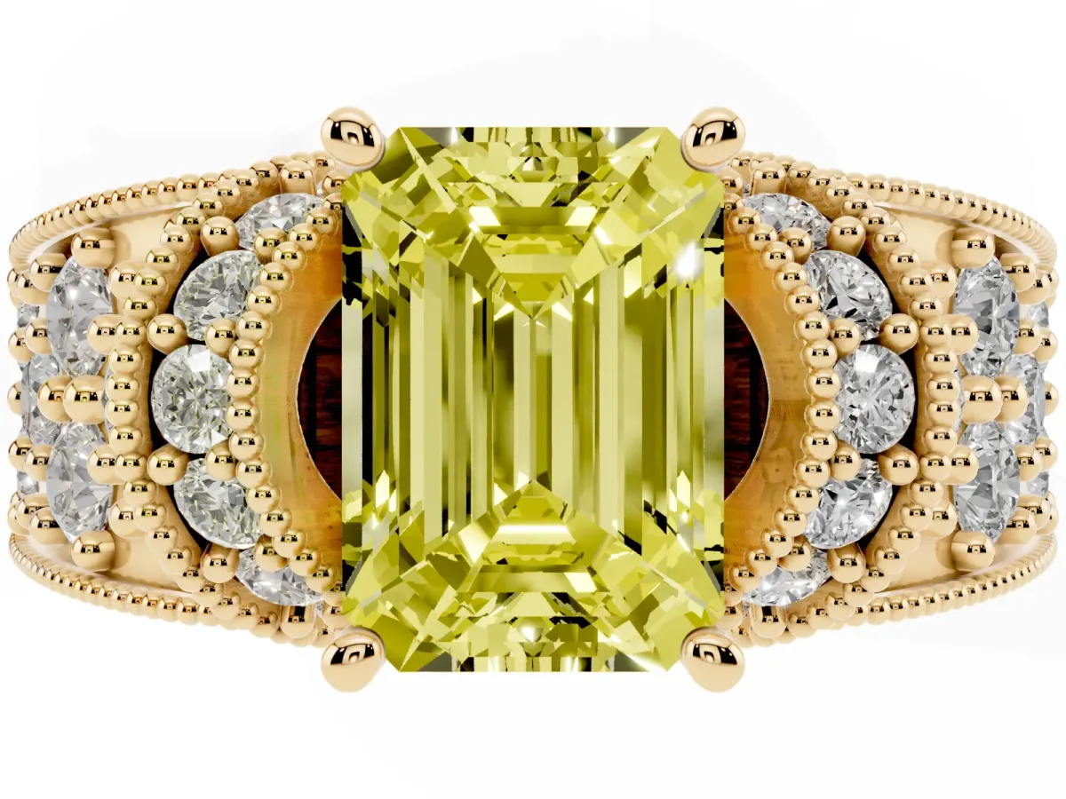 Fancy Yellow Emerald Cut Halo Pave Diamond Engagement Ring with Milgrain Detailing Yellow gold