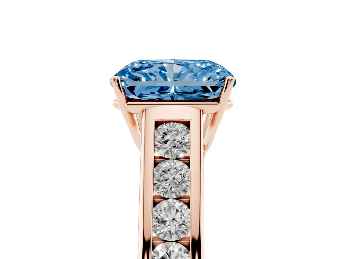 Fancy Blue Radiant Cut Solitaire Channel-Set Diamond Engagement Ring with Four-Prong Setting Rose gold